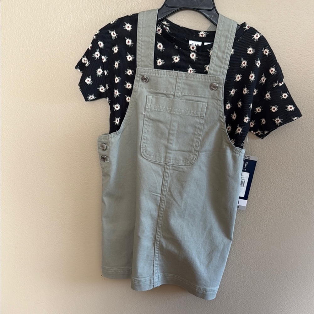 Kids Black Floral Shirt with Green Overalls